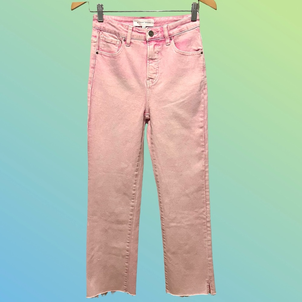 Risen Pink Jeans with Raw Hem Detail